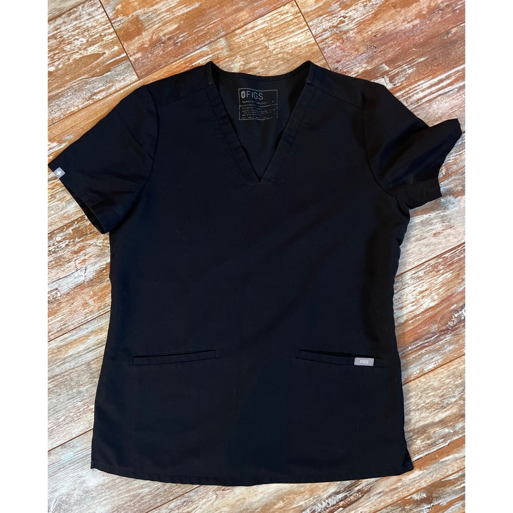 FIGS‎ Technical Collection Black V-Neck Scrub Top Small Short Sleeve 2 Pocket